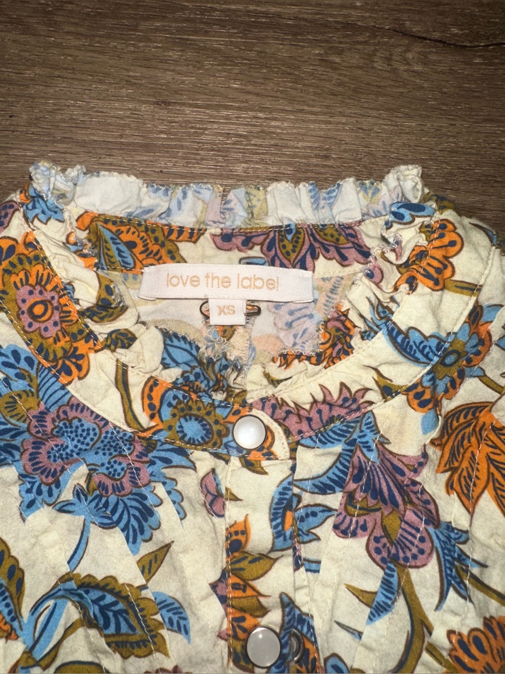Floral Ruffle-Front Cream Blouse with Multi-Color Print - Picture 2 of 4